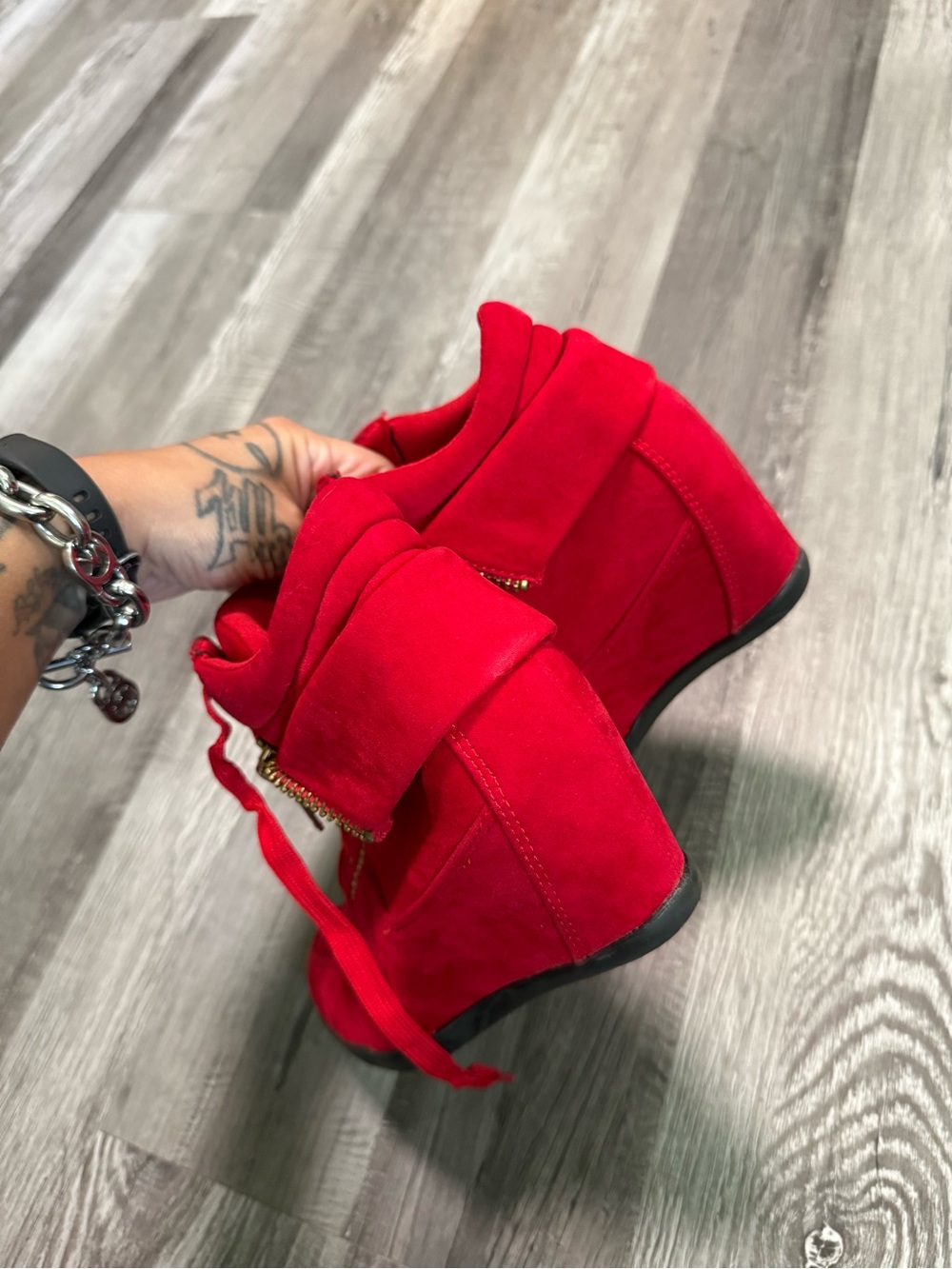 Red Wedge Sneaker Boots with Gold Zipper - Picture 8 of 10